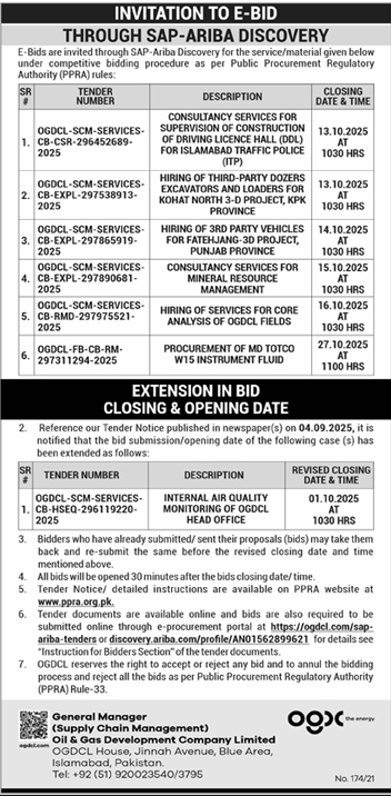 Oil & Gas Development Company Limited Islamabad Tender Notice